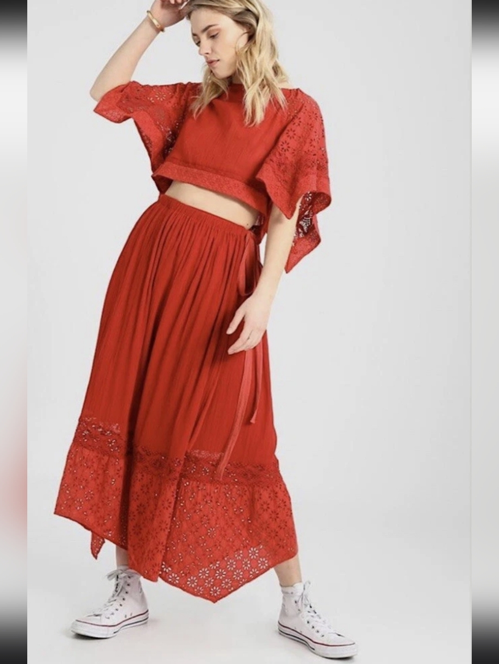 Free People Darling 2 Piece Skirt Set Small Red/Orange